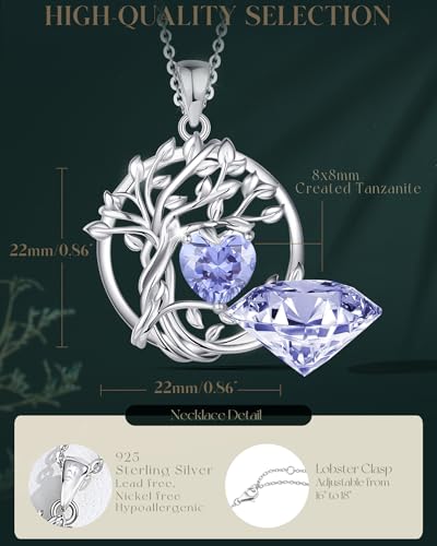 FANCIME Tree of life Birthstone necklace Sterling Silver Pendant Birthstone Necklace Gemstone Anniversary Birthday Jewelry Mothers Day Gifts for Mom Her Wife - color: Dec.-Tanzanite