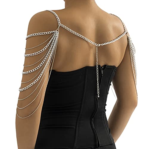 Summer Beach Punk Shoulder Body Chain Multi-Layered Back Chain Bikini Metal Tassel Arm Chain Statement Bridal Wedding Backdrop Necklace Body Chain Jewelry for Women - color: Siler