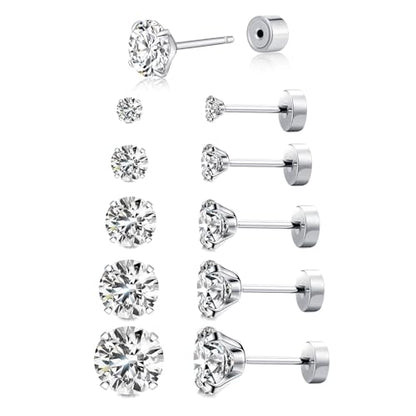 Kainier Women's 14K Gold Plated CZ Stud Earrings Simulated Diamond Round Cubic Zirconia Ear Stud Set（5 Pairs)… - color: CZ-Sliver-Plated
