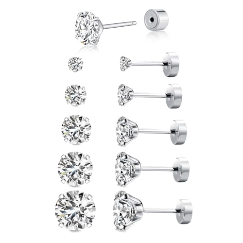 Kainier Women's 14K Gold Plated CZ Stud Earrings Hypoallergenic studs | 5 Pairs Simulated Diamond Round Cubic Zirconia Ear Stud Set for Multiple Piercing, 3/4/5/6/7mm Everyday Studs - color: CZ-Sliver-Plated