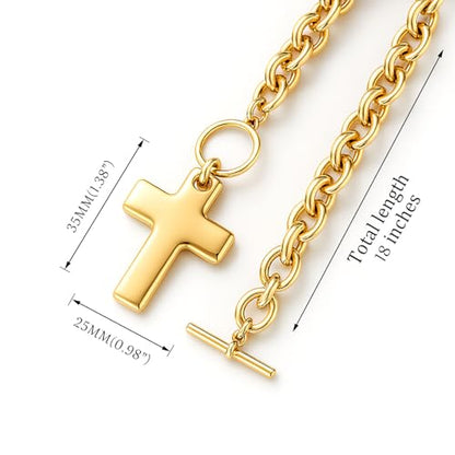 Zeffy 14K Gold/Silver Plated Chunky Thick Chain Toggle Clasp Necklace Dainty Baroque Pearl/Heart/Cross/Turquoise Pendant Necklace - color: Gold Big Cross Necklace