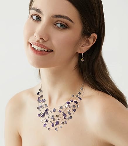 Multi-Layer Boho Shell Beaded Necklace for Women Colorful Crystal Strand with Silver Beads Statement Collars Necklace and Earrings Costumes Jewelry Sets for Women - color: 48-Purple