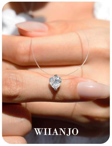 Teardrop 925 Silver CZ Floating Pendant Necklace 16 Inch Cubic Zirconia Invisible Necklace, Hypoallergenic, Jewelry Gifts for Women Anniversary Birthday - color: Heart-Shaped