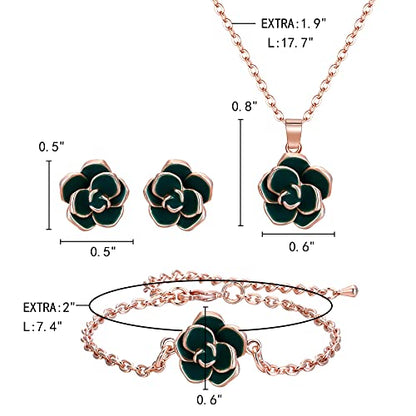 EleQueen Rose Flower Necklace Earrings Bracelet Set for Women - color: 05_Green Necklace+Earrings+Bracelet