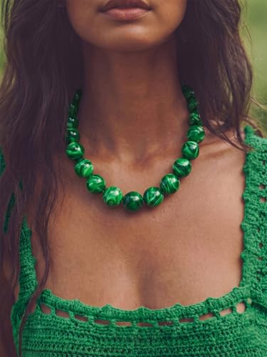 Chunky Beaded Necklaces for Women Statement Necklace | Bold Chunky Choker, Large Resin Beads, Adjustable Necklace, Boho Trendy Summer Beach Holiday Jewelry - color: Green-02