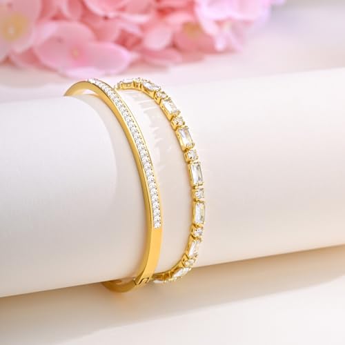 Stackable Gold Bracelets for Women - 2Pcs 18K Gold Plated Cubic Zirconia Bangle Bracelet Friendship Tennis Bracelet Stack Jewelry,Party Christmas Birthday Gift for Girlfriend Sister Wife Daughter - style: Gold Set_6