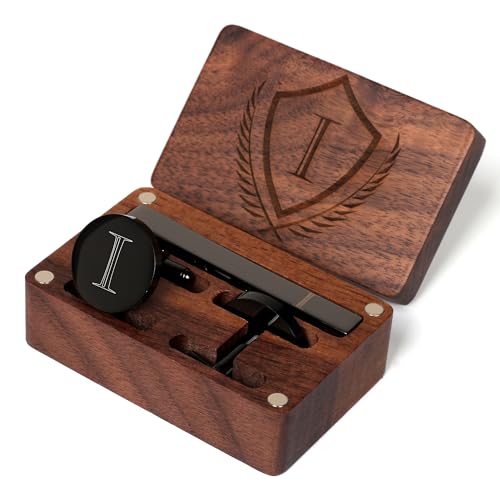 Mens Initial Cufflinks and Tie Clip A-Z Alphabet Letter Black Stainless Cuff Links Tie Bar with Engraved Walnut Wood Box Groom Groomsman Wedding Set - style: Classic-I