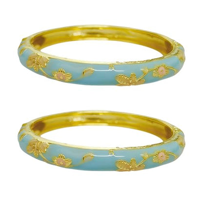 Cloisonne Bracelet For Women, Chunky Bangle Trendy Cute Flower Enamel Bangles Multi Tone Engraved Cuff Gold Plated Bracelets Stackable Wife Jewelry Friendship Gift - color: Blue&Blue Set