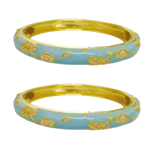Cloisonne Bracelet For Women, Chunky Bangle Trendy Cute Flower Enamel Bangles Multi Tone Engraved Cuff Gold Plated Bracelets Stackable Wife Jewelry Friendship Gift - color: Blue&Blue Set