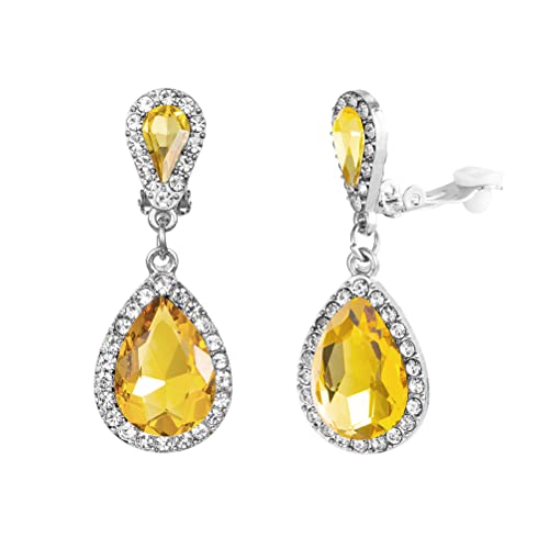 Classic Austrian Crystal Tear Drop Clip on Dangle Earrings for Women - color: Golden yellow,silver