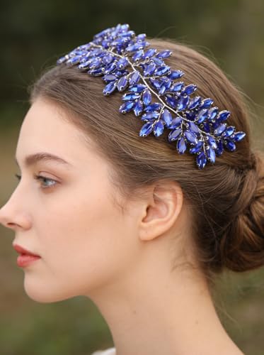 Missgrace Women Silver Green Black Red Blue Handmade Full Crystal Rhinestone Large Headband Hair Vine Shinny Headpiece Bridal Wedding Hair Accessories for Women (Blue) - color: Blue