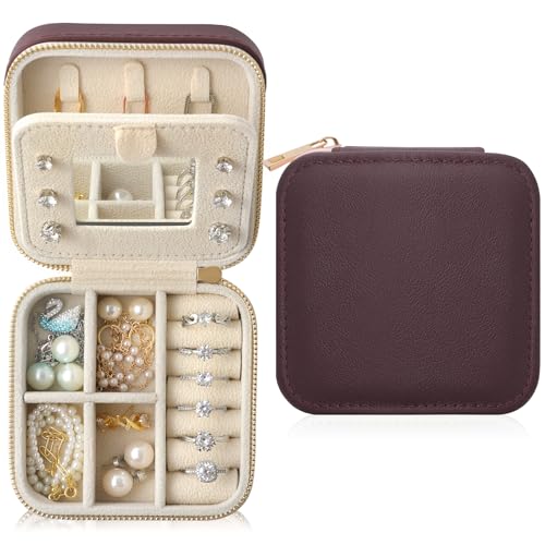 Genuine Leather Travel Jewelry Organizer Case with Mirror for Women, Small Mini Portable Jewelry Box for Earring, Ring, Necklace, Bracelet（Burgundy） - color: Nappa Leather Burgundy