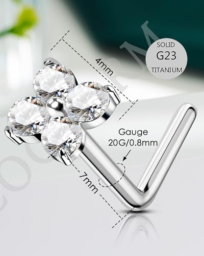 COCHARM Minimalist Titanium Nose Stud, 20g L Shape Flower Nose Ring Stud Cute G23 Titanium Surgical Steel Silver Nostril Piercing with Clear CZ Hypoallergenic - style: FourCZ-Silver