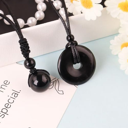 2pcs Natural Crystal Stone Lucky Coin Crystal Necklace Donut Pendnat, 16mm Stone Bead Pendant for Women and Men Necklace - color: Black Obsidian