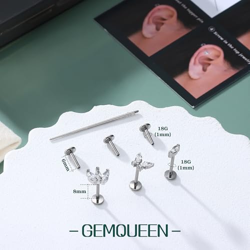 3 Pcs G23 Implant Grade Titanium Flat Back Earrings for Women Men | Hypoallergenic Internally Threaded 5A CZ Gold Flatback Stud, Tragus, Cartilage, Conch Piercing Jewelry for Sensitive Ears 18G - color: Silver 2