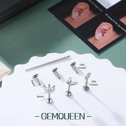 3 Pcs G23 Implant Grade Titanium Flat Back Earrings for Women Men | Hypoallergenic Internally Threaded 5A CZ Gold Flatback Stud, Tragus, Cartilage, Conch Piercing Jewelry for Sensitive Ears 18G - color: Silver 2