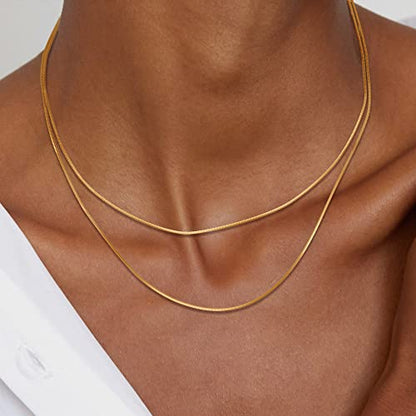 Freekiss Layered Necklace Set for Women Stackable | Herringbone Snake Cuban Rope Chain, Dainty Choker, Layered Stackable, Non Tarnish, Hypoallergenic, Adjustable 14-18.5" - color: Gold, style: 2 Layered Herringbone