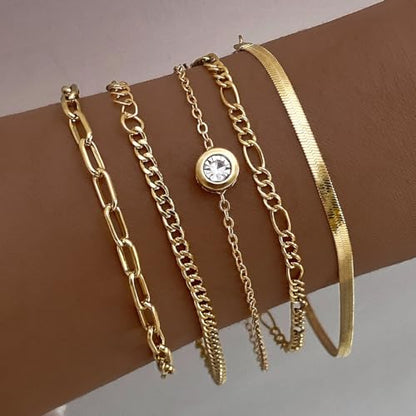 IFKM Gold Bracelets for Women, 14K Gold Plated Dainty Link Chain Bracelet set, Trendy Stackable Layered Bracelets jewelry Gifts - style: 5pcs diamond snake chain