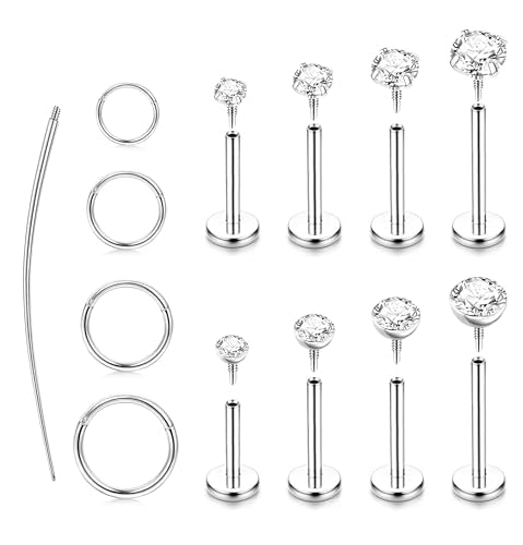 ORAZIO 14K Gold Plated Flat Back Earrings - 16G/18G 316L Surgical Steel Internal Thread CZ Stud Piercing Jewelry for Tragus Helix Cartilage Conch Hypoallergenic Nose Rings Lip Labret Medusa Piercing for Women Men - color: Silver Tone, size: 18G(1mm)-Bent