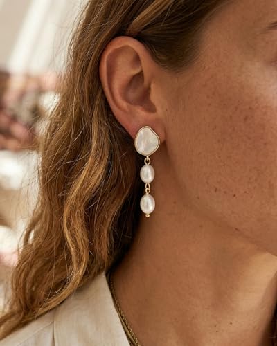 Pearl Earrings - 14K Gold/White Gold/Rose Gold Plated Cubic Zirconia CZ Diaomond Accented Pearl Drop Dangle Earrings for Women Wedding Bridal Prom - color: Gold Mother of Pearl
