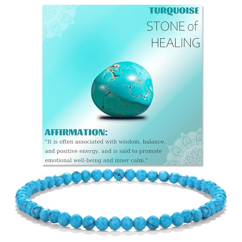 Natural Faceted Crystal Bracelet for Women,4mm Gemstone Round Beads Bracelets Adjustable Stretchy Healing Crystal Beads Bracelets Dainty Jewelry Gift - color: Turquoise