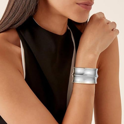 HZMAN Chunky Gold Cuff Bracelets for Women Thick Wide Bangle Bracelet Hammered Open Hinge Wrist Cuff Bracelet Jewelry Gift - color: 09.Polished 7In Silver