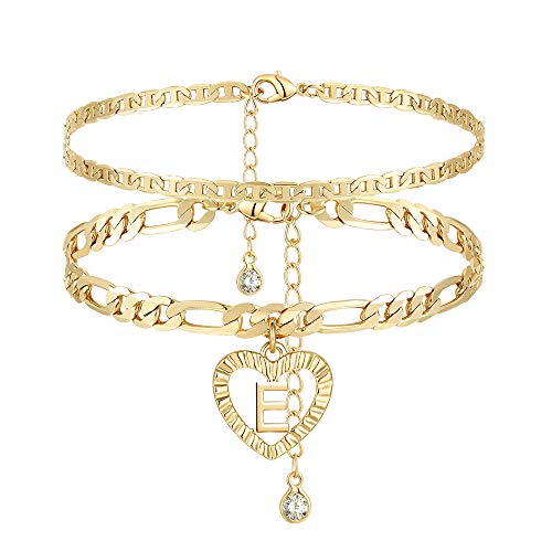 YANODA Initial Ankle Bracelets for Women 14K Gold Plated Layered Figaro Chain Letter Initial Anklets Handmade Layered Heart Ankle Bracelets Personalized Jewelry for Women - color: E