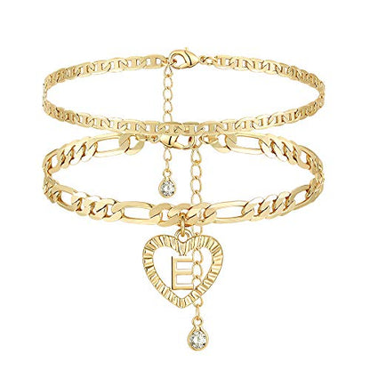 YANODA Initial Ankle Bracelets for Women 14K Gold Plated Layered Figaro Chain Letter Initial Anklets Handmade Layered Heart Ankle Bracelets Personalized Jewelry for Women - color: E