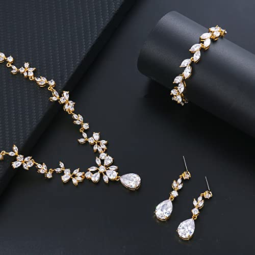 Bridal Wedding Jewelry CZ Set Marquise Teardrop Cubic Zirconia Pendant Necklace and Dangle Earring Bracelet Sets for Women - color: Gold plated