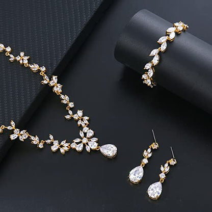 Bridal Wedding Jewelry CZ Set Marquise Teardrop Cubic Zirconia Pendant Necklace and Dangle Earring Bracelet Sets for Women - color: Gold plated
