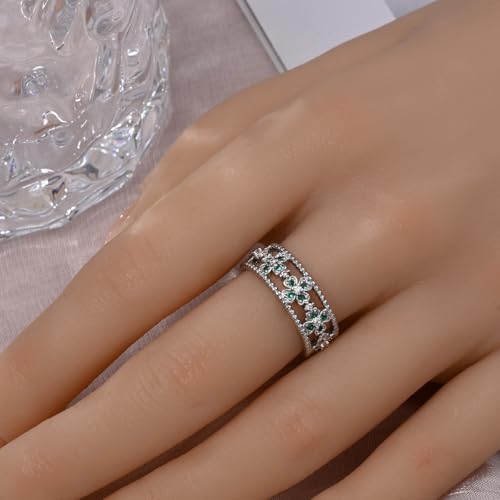 KUNSIR 925 Silver Cubic Zirconia Ring Size 7-9 Wedding Band Sterling Silver Eternity Ring Modern Style - style: Wide Band Lucky Ring