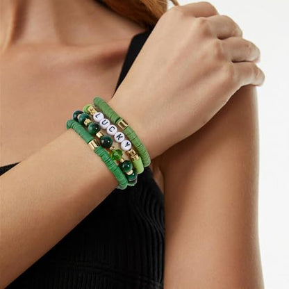 Boho Beaded Stretch Bracelets For Women Stackable Crystal Gold Plated Beaded Bracelets Set Trendy Handmade Friendship Braeclet Jewelry Gifts - color: Q-clay stone baed