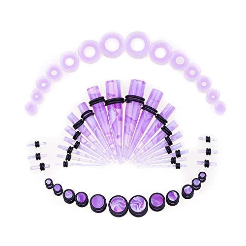 50 PCS Ear Stretching Kit 14Gauges-00Gauges Earring Marble Acrylic Taper Piercing Jewlery Sets - color: Purple