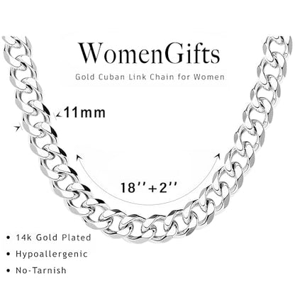 WomenGifts Cuban Link Chain Necklace for Women, Waterproof 14k Gold Silver Plated Chain Choker, Non Tarnish Stainless Steel Jewelry, 3.5/5/6/8/11mm,14/16/18 Inch Thin&Chunky&Thick - color: Silver, style: 11MM-18"