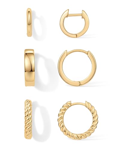 PAVOI Gold Hoop Earrings for Women - 14K-18K Yellow Gold Plated 925 Sterling Silver - Hypoallergenic 3-Pair Small Hoop Earings Set with Cubic Zirconia - Rope Teardrop & Chunky Huggie Styles Earscape Piercings - style: Rope