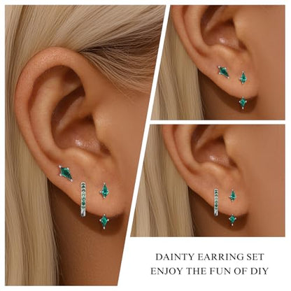 3 Pairs Stackable Kite Stud Earrings Set for Women Trendy | Dainty Birthstone Stud Gold & 925 Sterling Silver Huggie Hoop Jacket Stack Earrings for Women 2026 - color: Silver-Green Emeralde