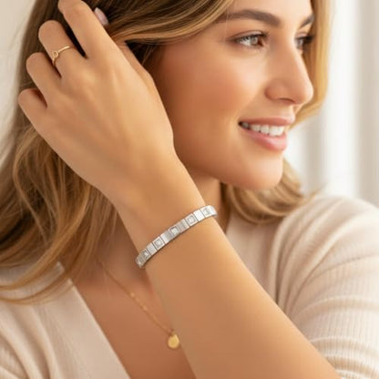 Joo&Rind Gold Bangle Bracelets for Women 18K Gold Plated Stainless Steel Bracelet Oval Hinged Bangles for Small Wrists Non Tarnish Waterproof with Cubic Zirconia Jewelry Gift for Everyday Wear Birthday - color: Square White Zirconia-Silver