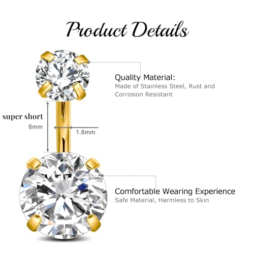 FECTAS 14g Belly Button Rings Surgical Steel CZ Petite Navel Ring for Women Body Piercing Jewelry Petite select Barbell Len 6mm 8mm 10mm 12mm 14mm Silver - style: gold-1pcs-6mm bar