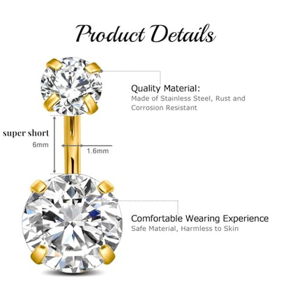 FECTAS 14g Belly Button Rings Surgical Steel CZ Petite Navel Ring for Women Body Piercing Jewelry Petite select Barbell Len 6mm 8mm 10mm 12mm 14mm Silver - style: gold-1pcs-6mm bar