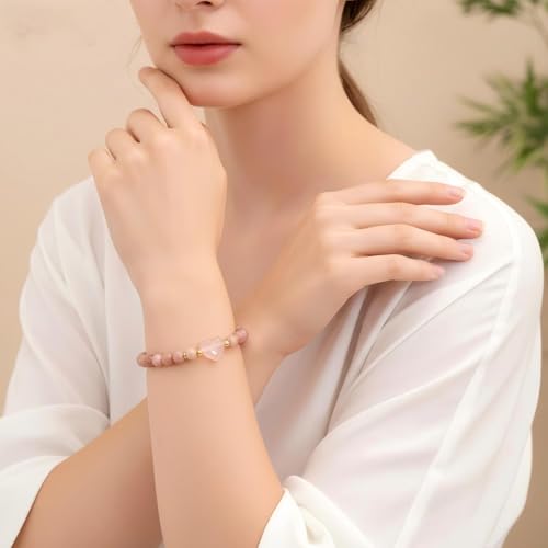 Heart Crystal Bracelet,Natural Gemstone Healing Bead Bracelet | Handmade Jewelry Gifts for Women Men,Graduation Gift for Her - color: Rhodonite Bracelet