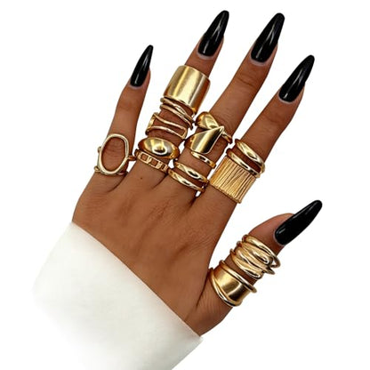 15 Pcs Gold Plated Knuckle Rings Set for Women, Statement Stackable Midi Rings, Dainty Chunky Stacking Statement Ring Pack