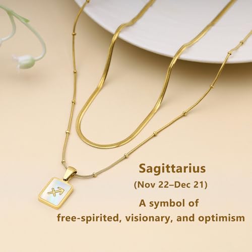 LETFLY Layered Zodiac Necklace for Women 18K Gold Natural Shell Pendant | Birthday Gifts for Women, Daily Wear, Hypoallergenic Material, Personalized Constellation Pendant, Adjustable, Snake Chain - style: Sagittarius