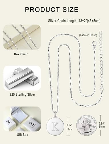 YL Initial Necklace 925 Sterling Silver Square/Round/Heart Letter Pendant A-Z Alphabet Polished Jewelry for Women - color: Letter-K, style: Round Shaped