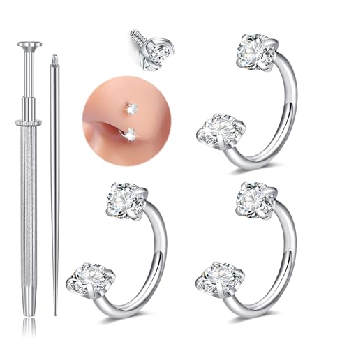 Longita 20g Nose Rings Hoop L Shape Nose Studs Stainless Steel Nose Screw Bone Flat Top Diamond Opal Heart High Nostril Piercing Jewelry Silver Rose Gold Black Pack for Women Men - color: C2- Horseshoe Ring 18g 8mm- silver 3pcs