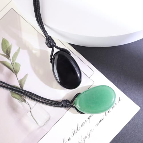 Natural Gemstone Pendant Necklace Healing Crystal Stone Choker Necklace Adjustable Waxed Black Rope for Men - color: 2pcs(Green Aventurine+Black Obsidian)