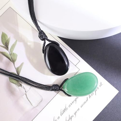 Natural Gemstone Pendant Necklace Healing Crystal Stone Choker Necklace Adjustable Waxed Black Rope for Men - color: 2pcs(Green Aventurine+Black Obsidian)