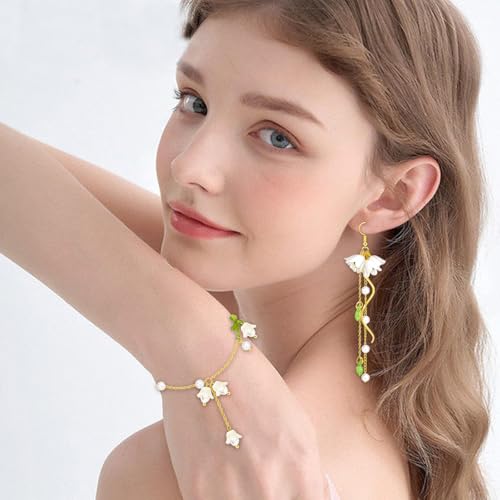 NEWITIN 4 Pieces Flower Jewelry Set for Women Fashion Costume Jewels Pink Flower Dangle Earrings Necklace Floral Beads Bracelet Gold Jewelry Set for Women - color: White Flower Jewelry Set
