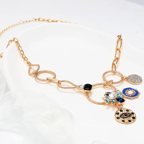 Charm Necklace for Women Gold Evil Eye Sun Moon Flower Coin Pendant Necklace Dainty Paperclip Chain Vintage Luck Amulet Choker Necklaces Celestial Jewelry Gift - style: Chunky Evil Eye, Flower