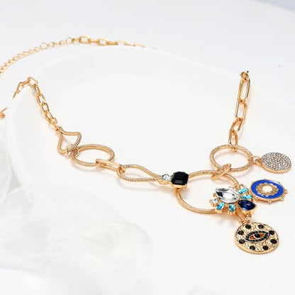 Charm Necklace for Women Gold Evil Eye Sun Moon Flower Coin Pendant Necklace Dainty Paperclip Chain Vintage Luck Amulet Choker Necklaces Celestial Jewelry Gift - style: Chunky Evil Eye, Flower
