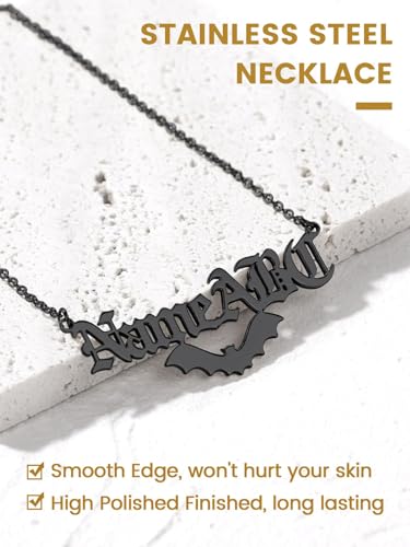 GoldChic JEWELRY Name Necklace Personalized for Men, Womens Custom Name Plate Chain, Stainless Steel Customized Old English Nameplate Choker with Curb Chains Custom, 16 inches to 30 inches - color: Rolo Chain(1.8 mm)&Bat-Black
